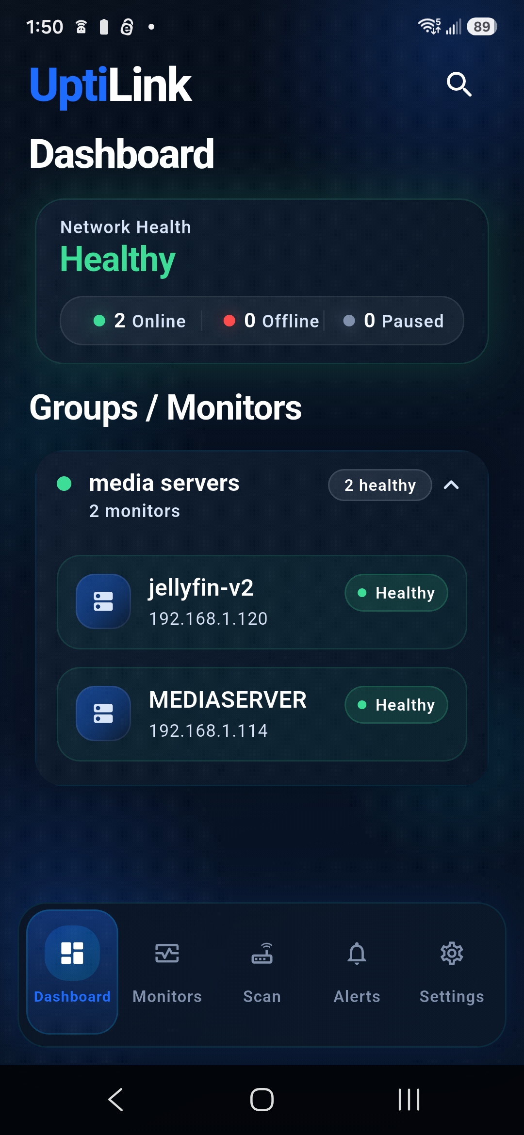 Completed UptiLink dashboard showing configured local network device monitors